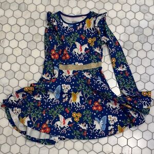 Boden Kids Navy Dress with Floral and Unicorn Print